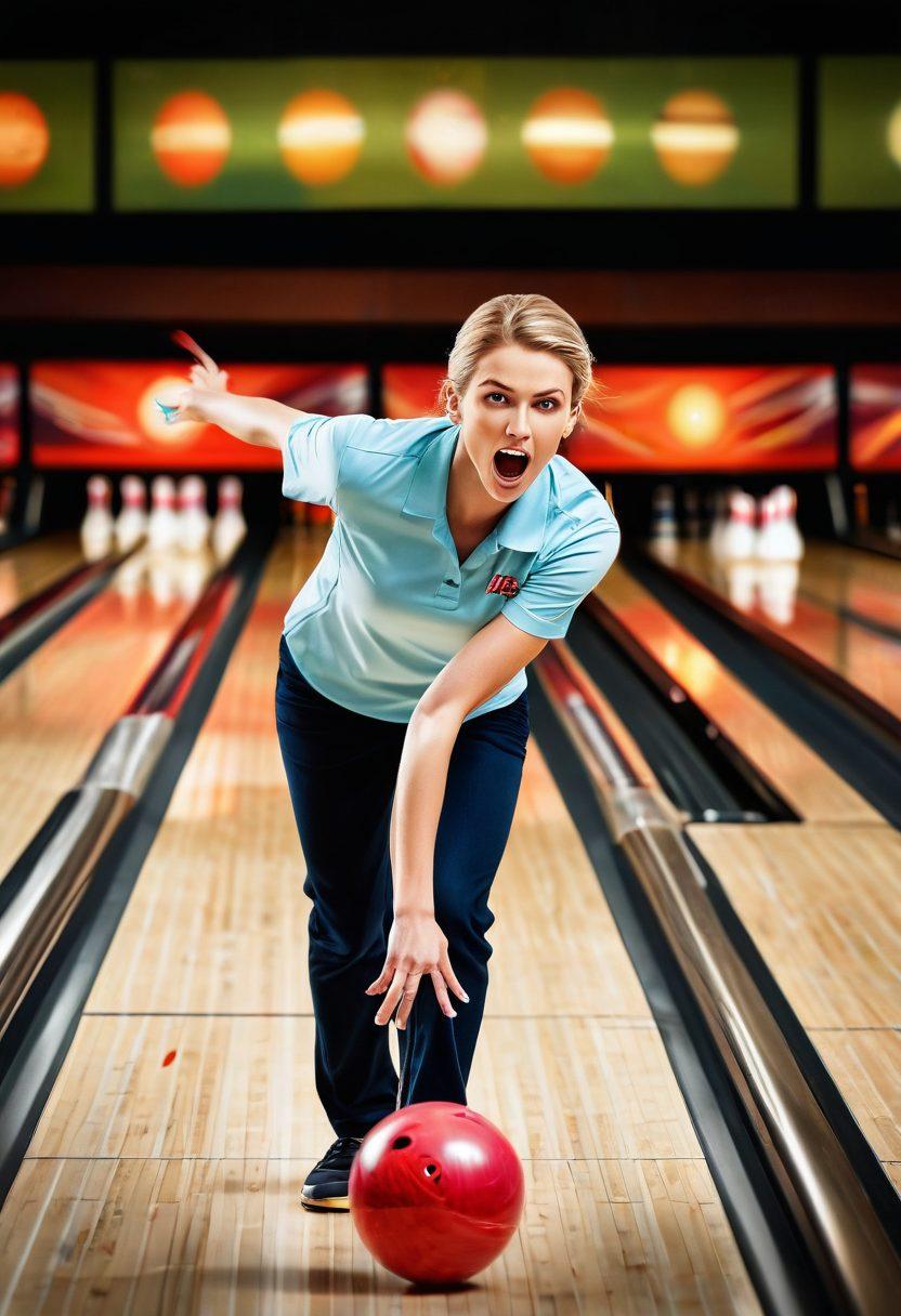 A dynamic bowler in mid-throw on a sleek bowling lane, focused expression highlighting determination, colorful bowling pins scattering in the background, and a vibrant bowling ball in motion. Incorporate a scoreboard showing a high score and spectators cheering, capturing the excitement of the game. illustration, vibrant colors, super-realistic.