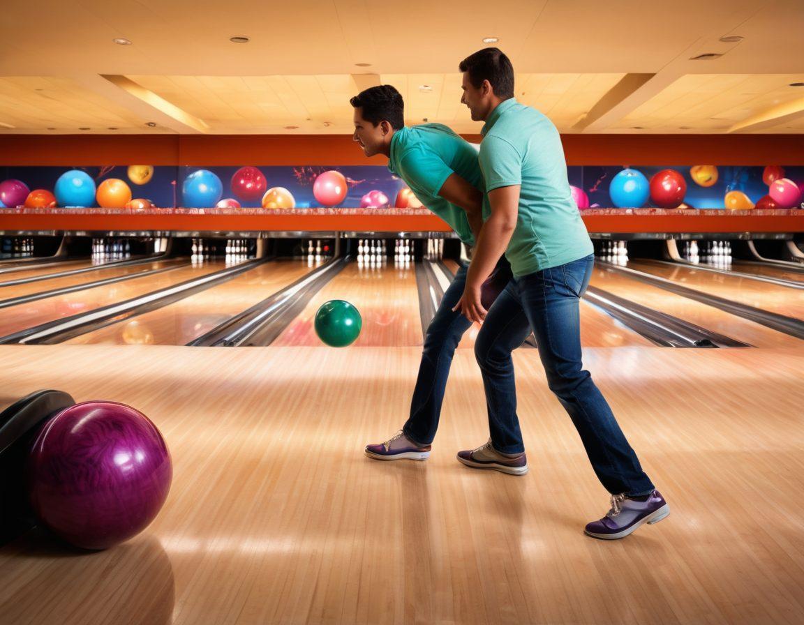 An inspiring bowling alley scene featuring a diverse group of bowlers, from beginners learning techniques to seasoned pros demonstrating skillful strikes. Emphasize a dynamic atmosphere with colorful bowling balls in motion and various techniques on display. Include motivational quotes on the walls, and bright lighting to enhance excitement. Capture the essence of community and progression in bowling. vibrant colors. super-realistic. high-energy.