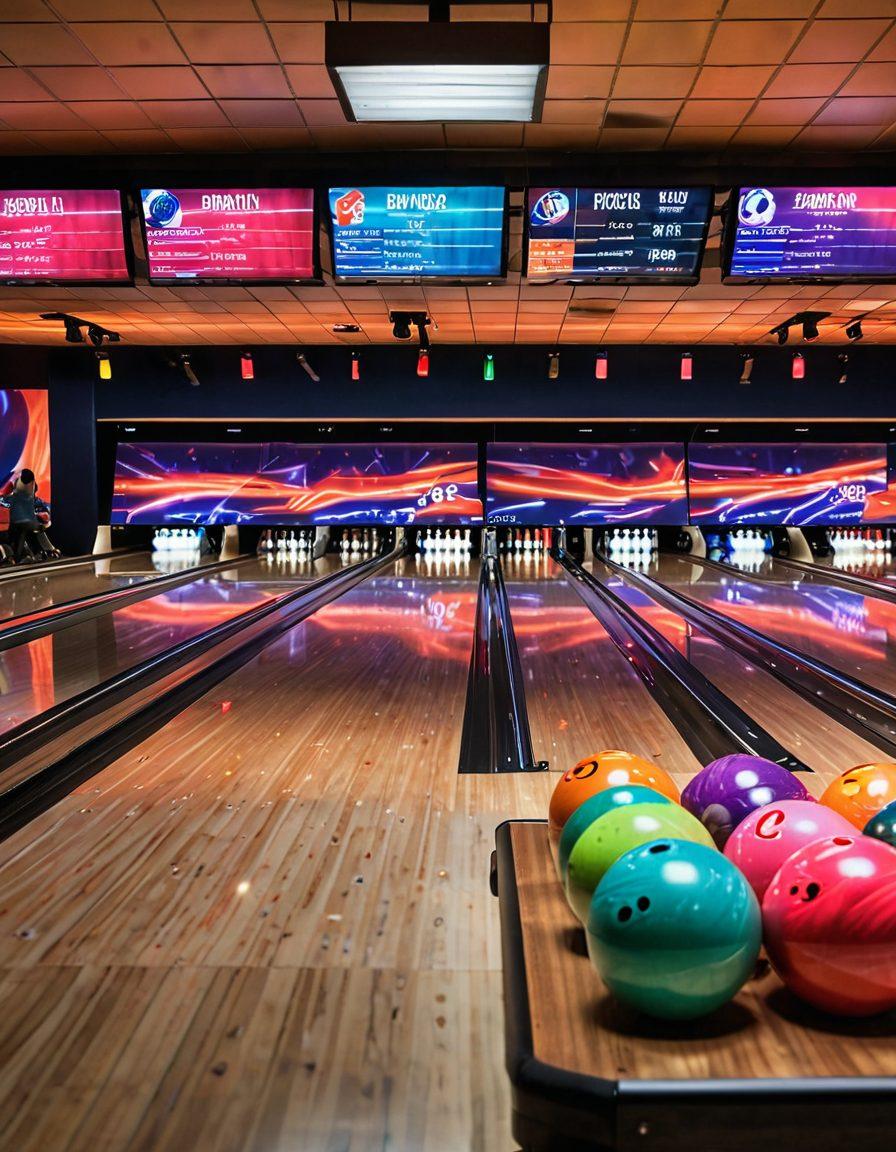A dynamic scene of a diverse group of bowlers in action at a bright, modern bowling alley, showcasing varied techniques with colorful bowling balls in motion. A scoreboard in the background highlights friendly competition. The atmosphere is lively, featuring cheering fans and glowing neon lights that capture the excitement of the game. super-realistic. vibrant colors. 3D.